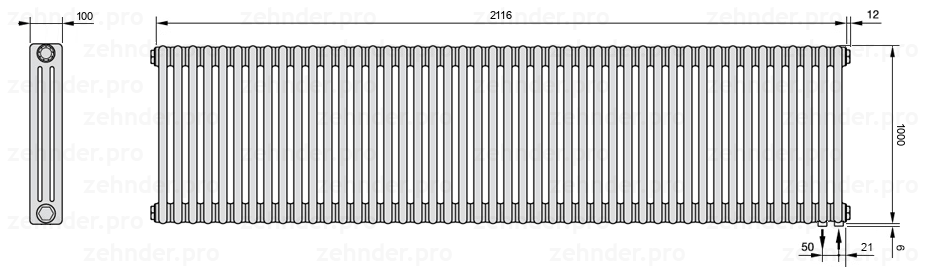 Схема (чертеж) Радиатор Zehnder Charleston 3100/46 №5510 Белый глянцевый RAL 9016